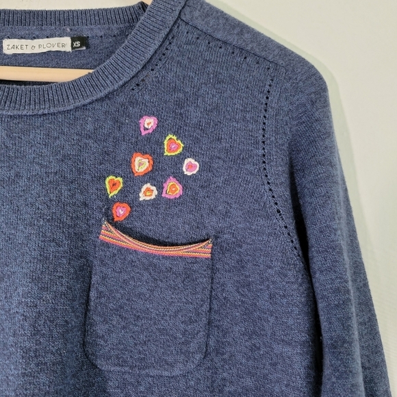 ZAKET & PLOVER Women Knit Top XS Cloud Gray Cashmere Contrasting Cuff Embroidery - Picture 6 of 12